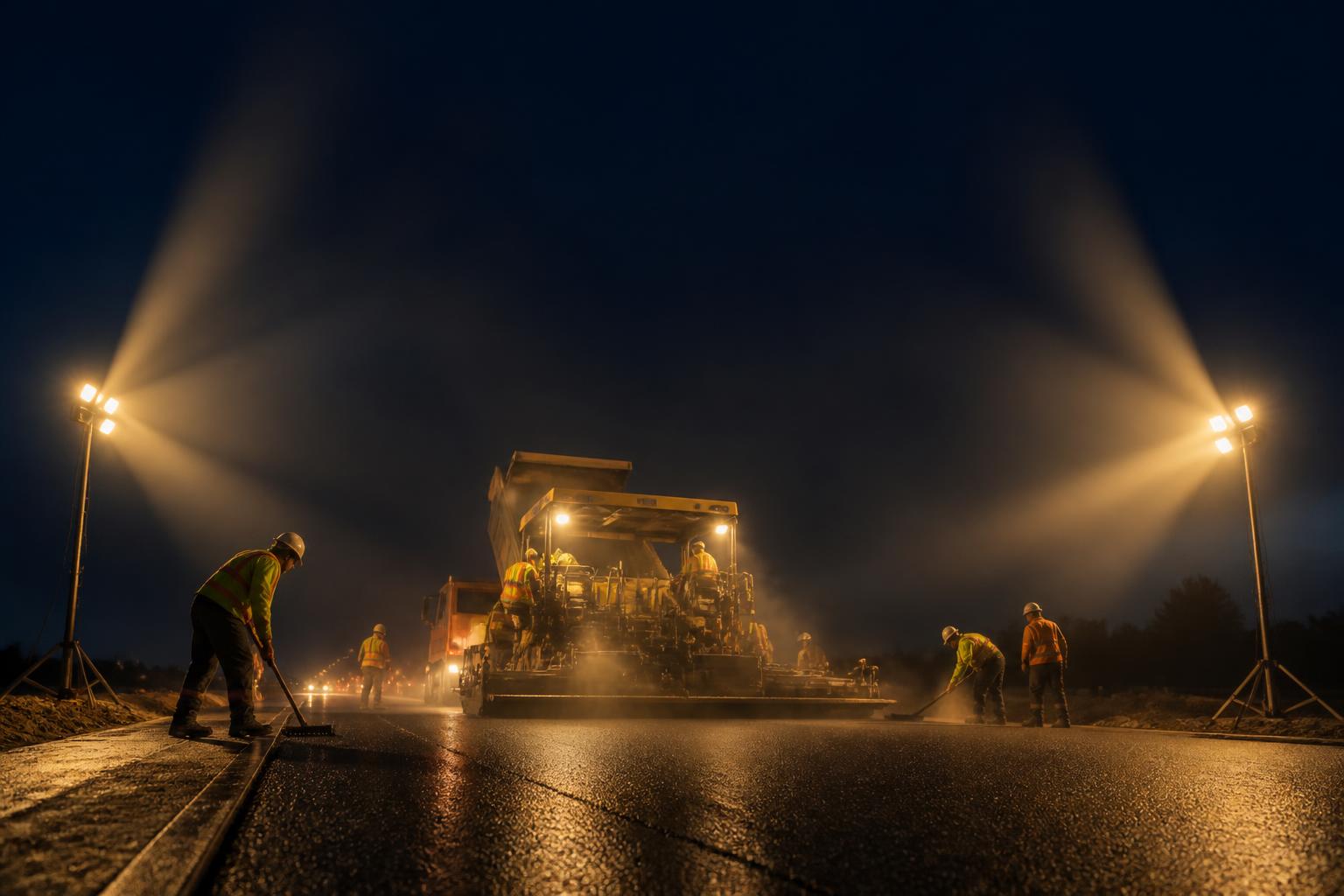 Asphalt paving crew working at night under tripod work lights